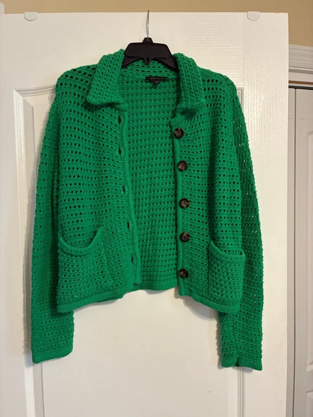 Ann Taylor Green Crochet Button-Front Cardigan - Picture 1 of 4